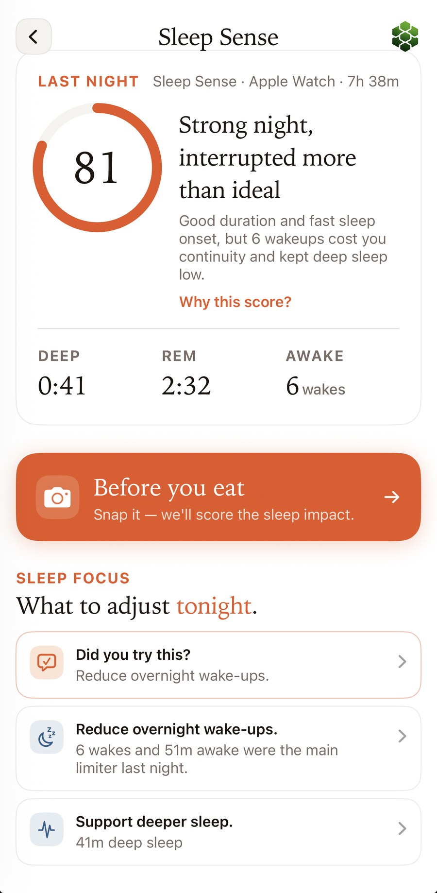 Sleep Sense score and food impact